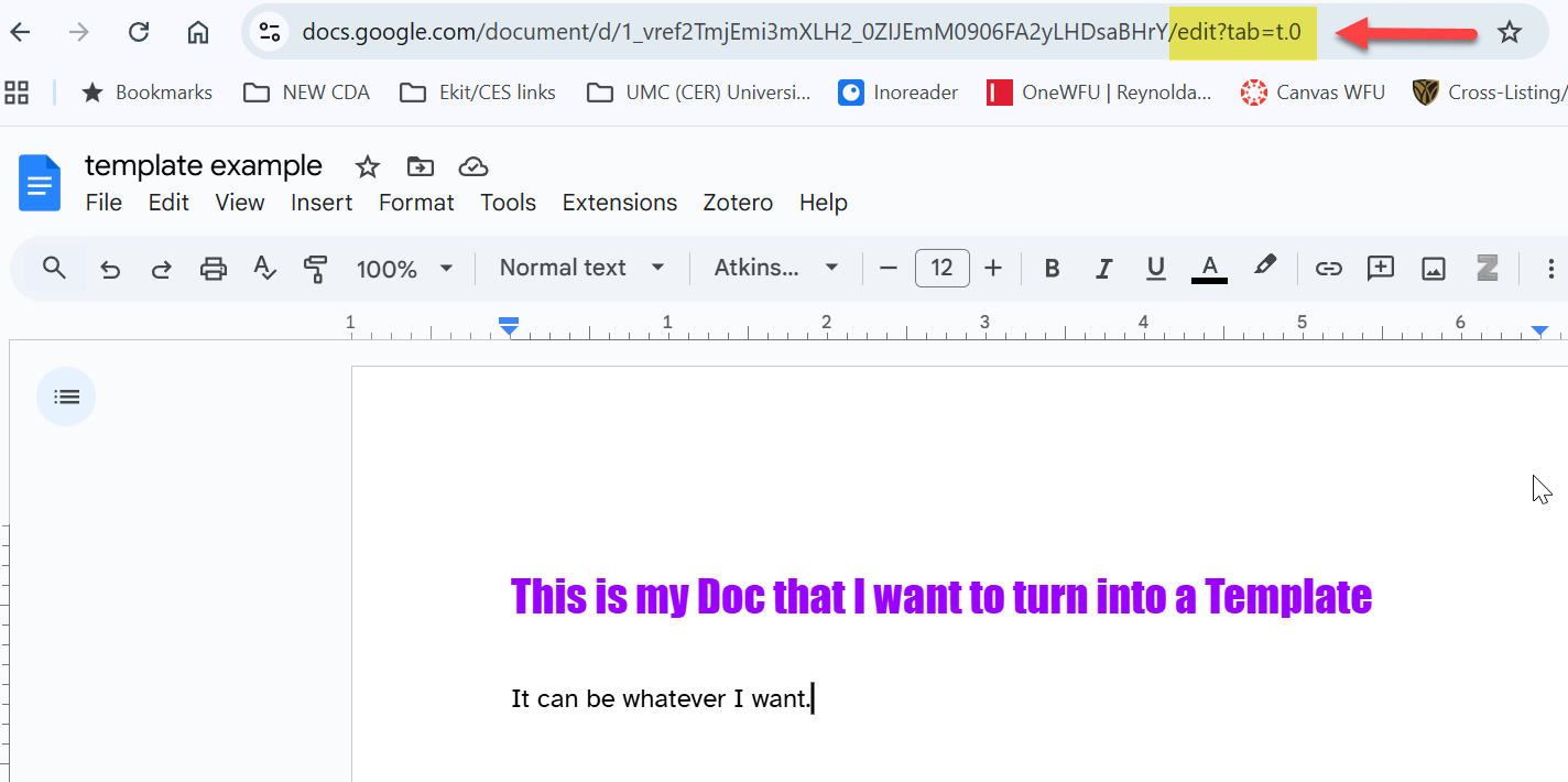 screencapture of a google document URL with the part that needs to be edited out highlighted (illustrates URL Hack step 2