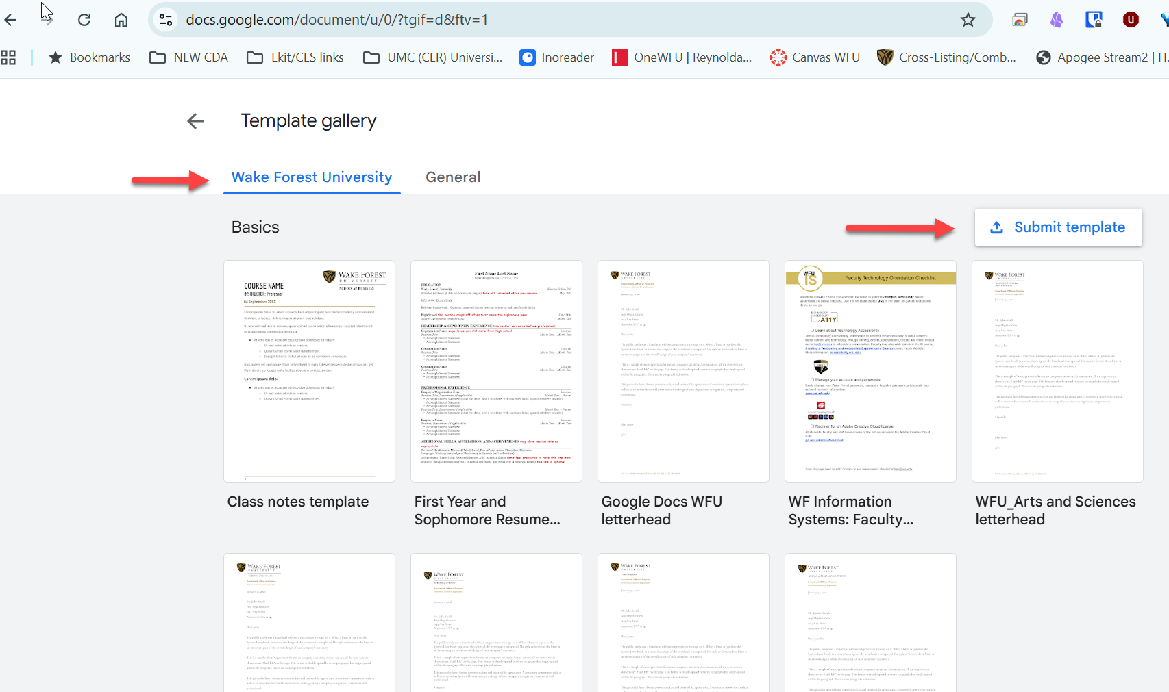 screen capture of the WFU Template Gallery
