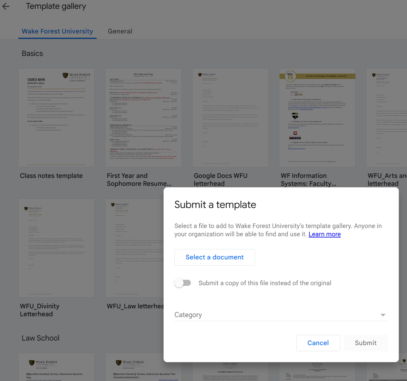 screen capture of the dialog box for sumbitting your file to the WFU Template Gallery