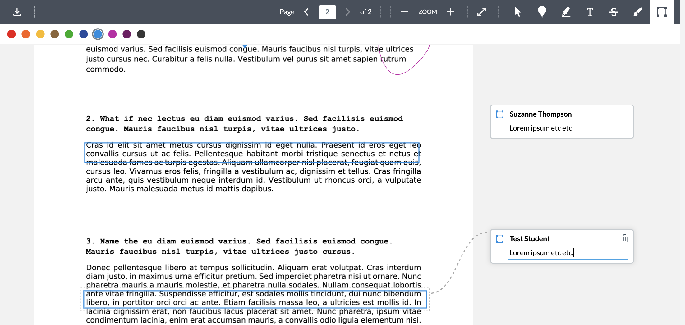 Canvas DocViewer showing a sample document and 2 comments