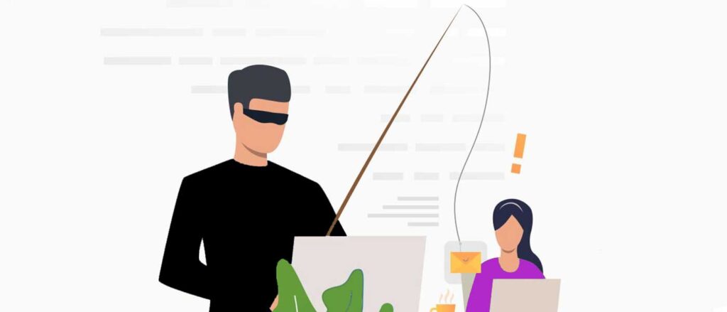 email phishing graphic featuring a thief and a young woman on her computer