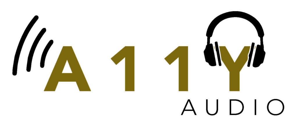 Gold A 1 1 Y with Audio in smaller letters underneath. The A has audiowaves coming off the side and the Y is wearing headphones. 