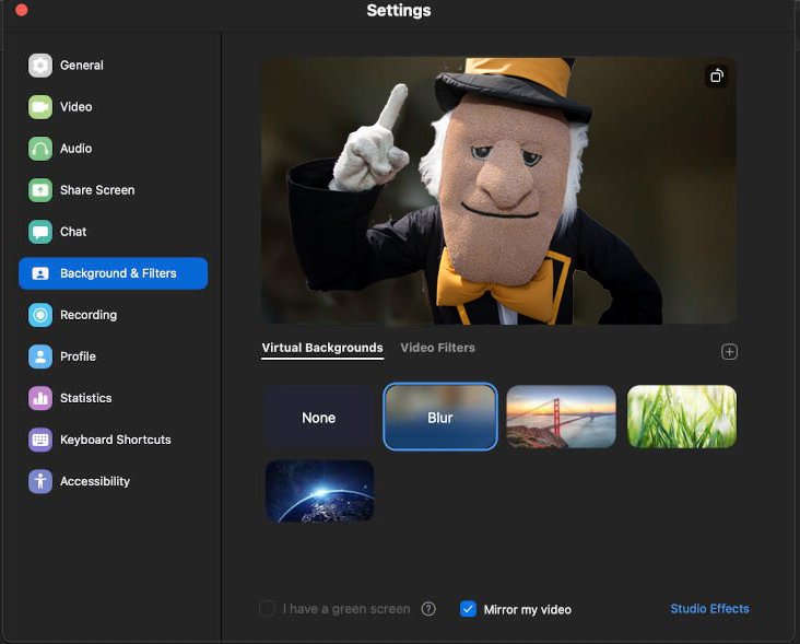 Zoom settings for Background & Filters with the Wake Forest Demon Deacon in the preview window, a blurred background surrounding him. 