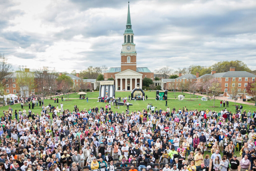 students gathered outside of campus