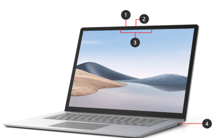 ports on a surface laptop 5 from left to right: Surface Connect (power) port; and on the top of the screen: Windows Hello Camera (for facial recognition), Front-facing camera, Studio Mics