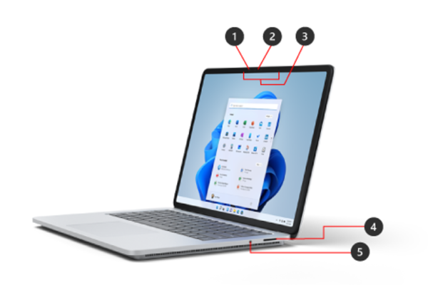 ports on a surface laptop studio from left to right: Surface Connect port, Headphones jack; and on the top of the screen: Windows Hello camera, Front-facing camera, Studio mics