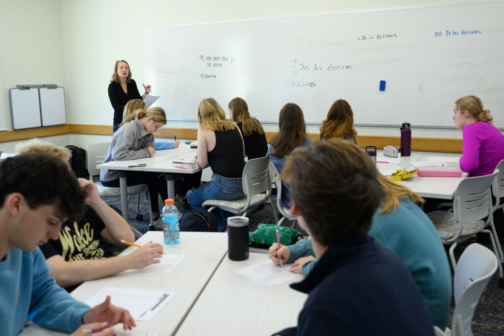 Department of French Studies Chair and Associate Professor Stéphanie Pellet teaches Accelerated Intermediate French class in Greene Hall.