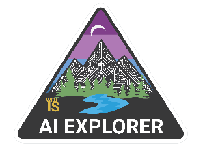 triangle AI Explorer Badge with mountains and trees and the information systems logo