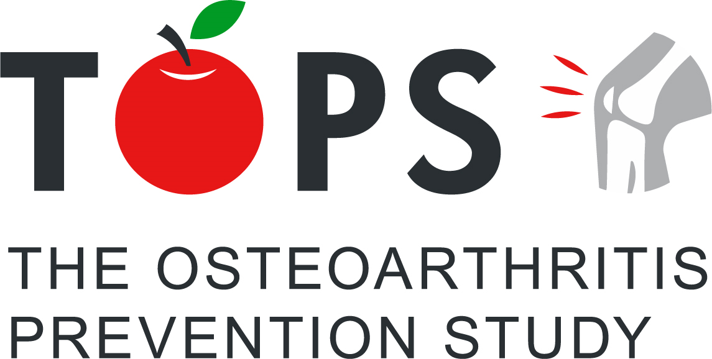 TOPS logo (red apple is the letter o), image of a knee. THE OSTEOARTHRITIS PREVENTION STUDY