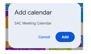 Add Calendar button in Google Calendar showing you can add SAC Meeting Calendar