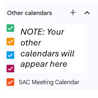 The Other Calendars section of the google calendar left menu bar showing SAC Meeting Calendar as an option
