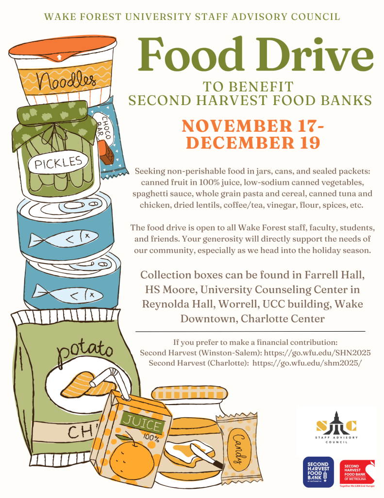 Flyer for Staff Advisory Council food drive: November 17-December 19, 2025
