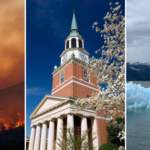 a three-panel photograph of wildfires, wait chapel, and melting ice