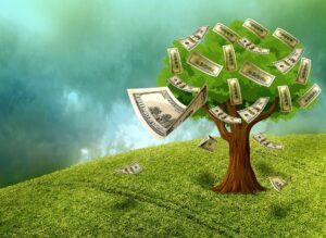 money growing and falling off a tree