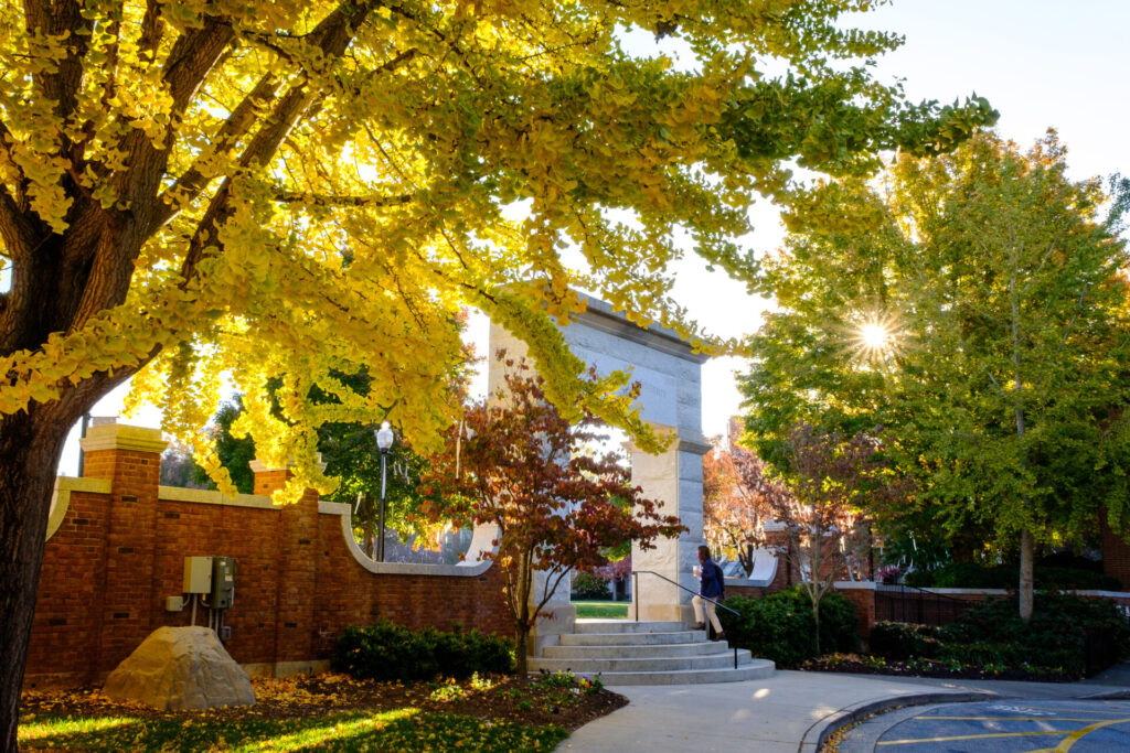 The morning sun peeks through the trees over Hearn Plaza, on the campus of Wake Forest University on Tuesday, November 9, 2021.