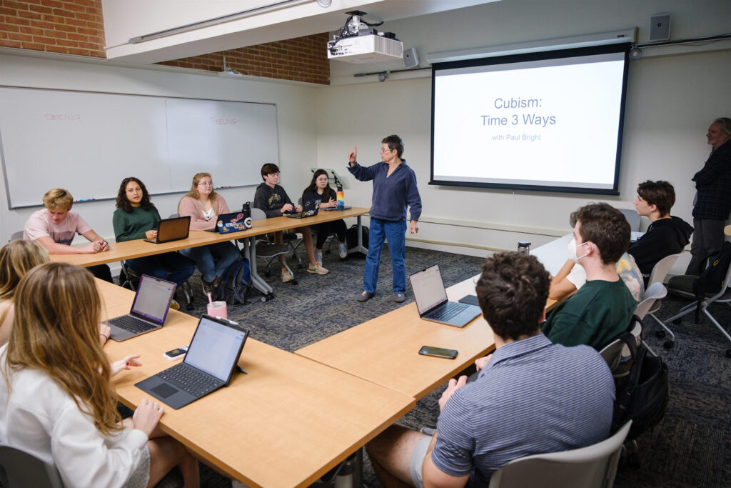 a lecture taking place in a renovated classroom