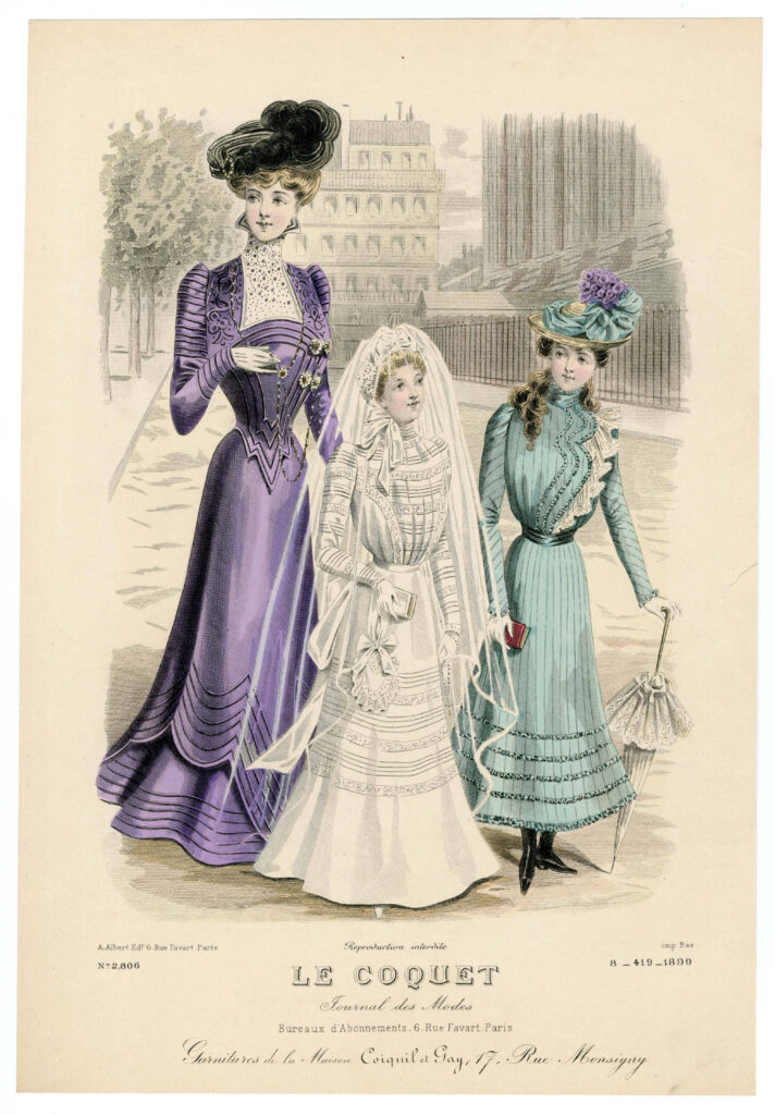 Figure 5: Fashion plate from a French fashion magazine featuring three women. The mother wears a purple dress, the First Communicant wears a frilly, long white dress and veil, and the woman next to her (maybe an aunt or sister) wears an aqua gown and carries an umbrella. They look sophisticated and fashionable.