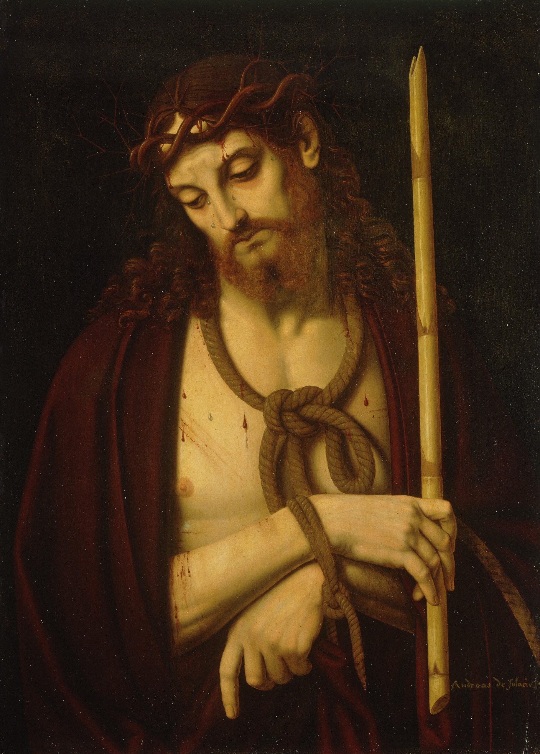 Figure 3: A sixteenth century painting of Jesus wearing a robe with his hands bound and a crown of thorns upon his head.
