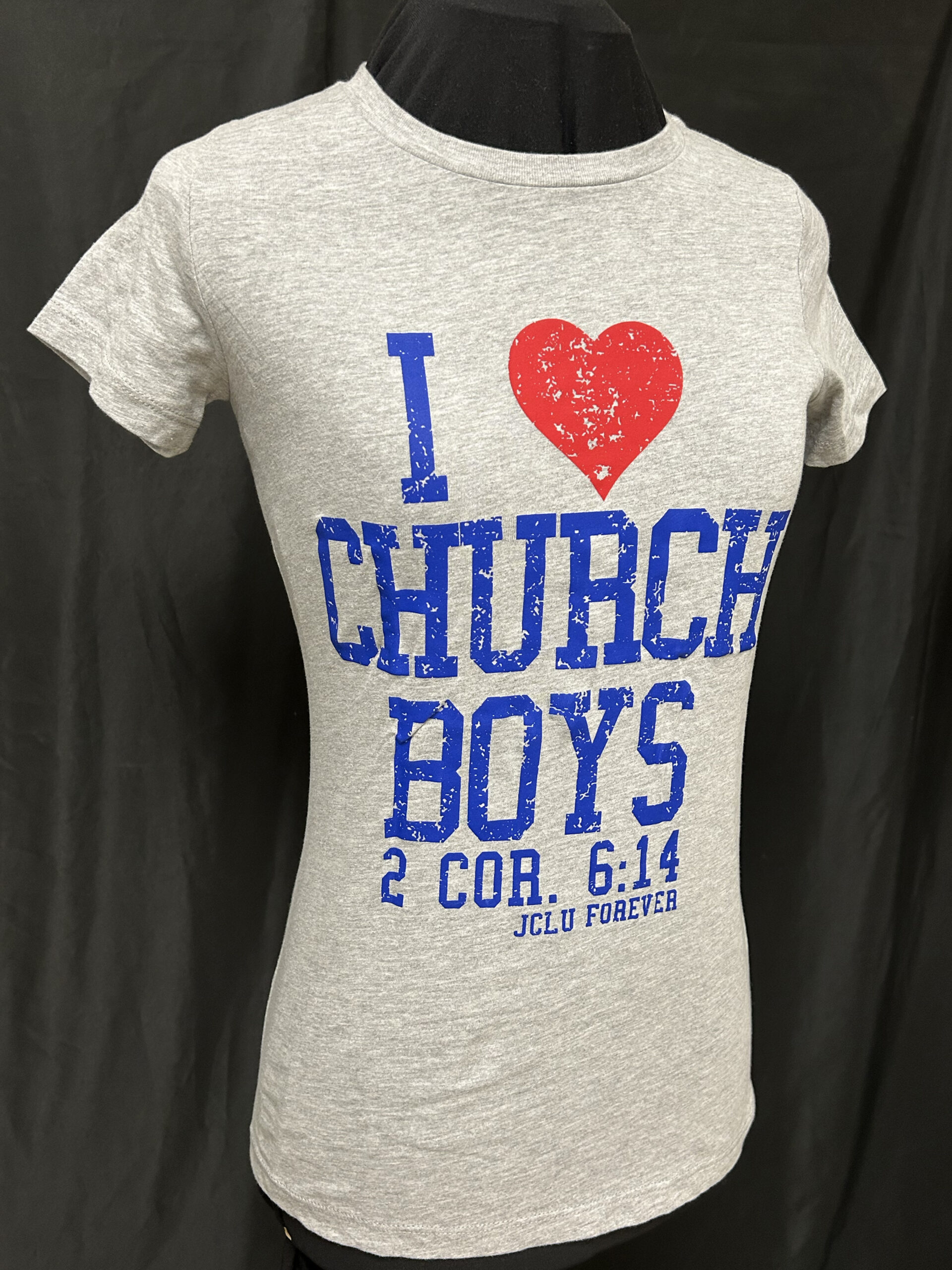 JCLU Forever T-shirt featuring “I Heart Church Boys” and 2 Corinthians 6:14. Photo by author.