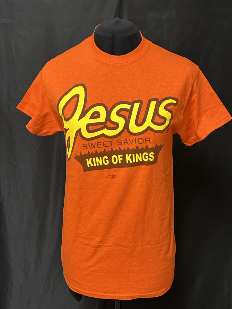 Christian T-shirt by Kerusso that seeks to share Christianity through a parody of the Reese’s peanut butter cup logo