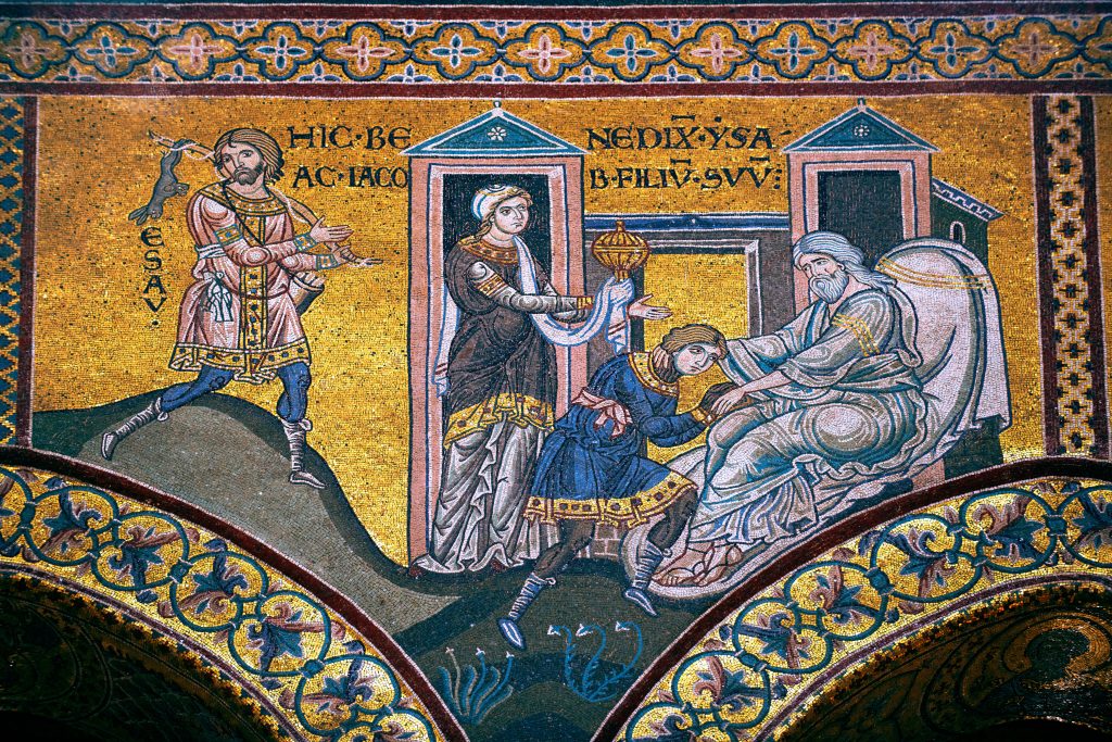 Figure 3: Isaac Stealing Jacob’s Blessing from Esau while Rebekah watches. Mosaic from the Cathedral of Monreale, Sicily. Photo from Paul Williams/Alamy Stock Photo.