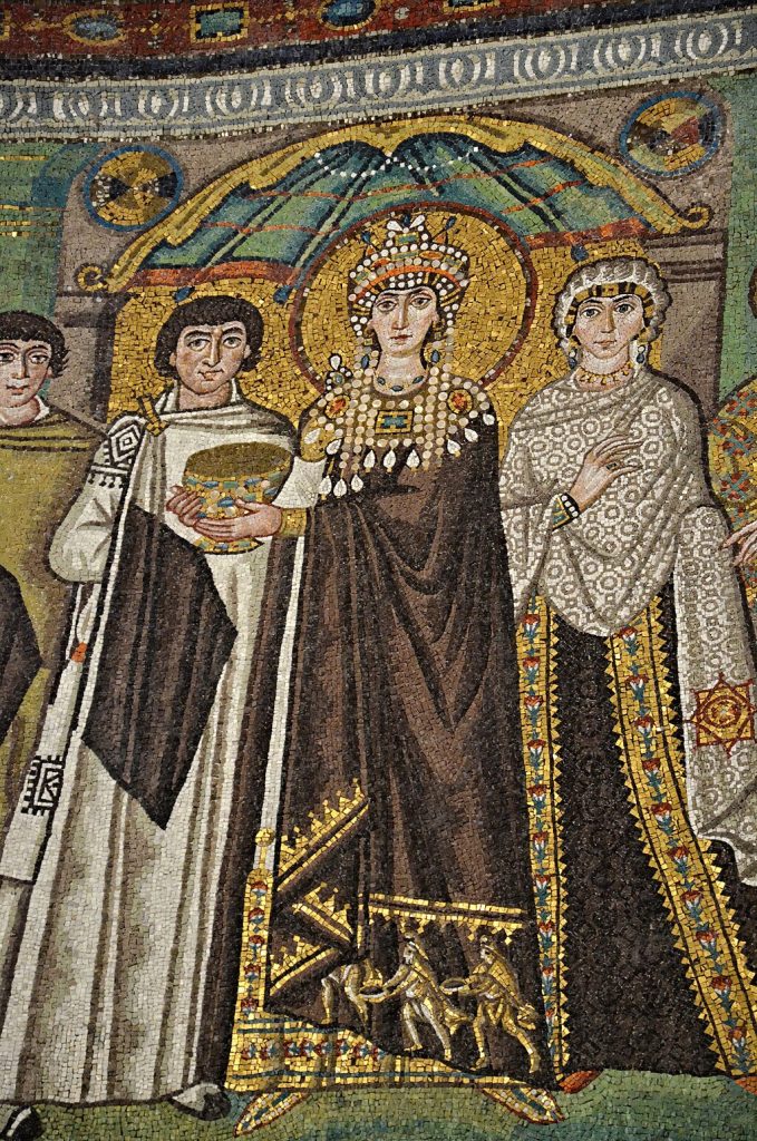 Figure 5: Mosaic of the Empress Theodora from the Basilica of San Vitale, Ravenna, Italy. Note the three kings on the border of her attire. Photograph © L. Stephanie Cobb. Used with permission.