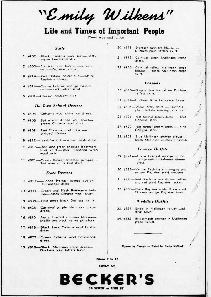 Figure 3: A list of the garments that appeared in Emily Wilkens’ Fall/Winter 1945 Collection. Note that “horoscope” dresses are listed as items 12 and 18 in the category of “date dresses.” Published in The Bradford Evening Star (Bradford, PA) 20 August 1945, 3. Fair Use.
