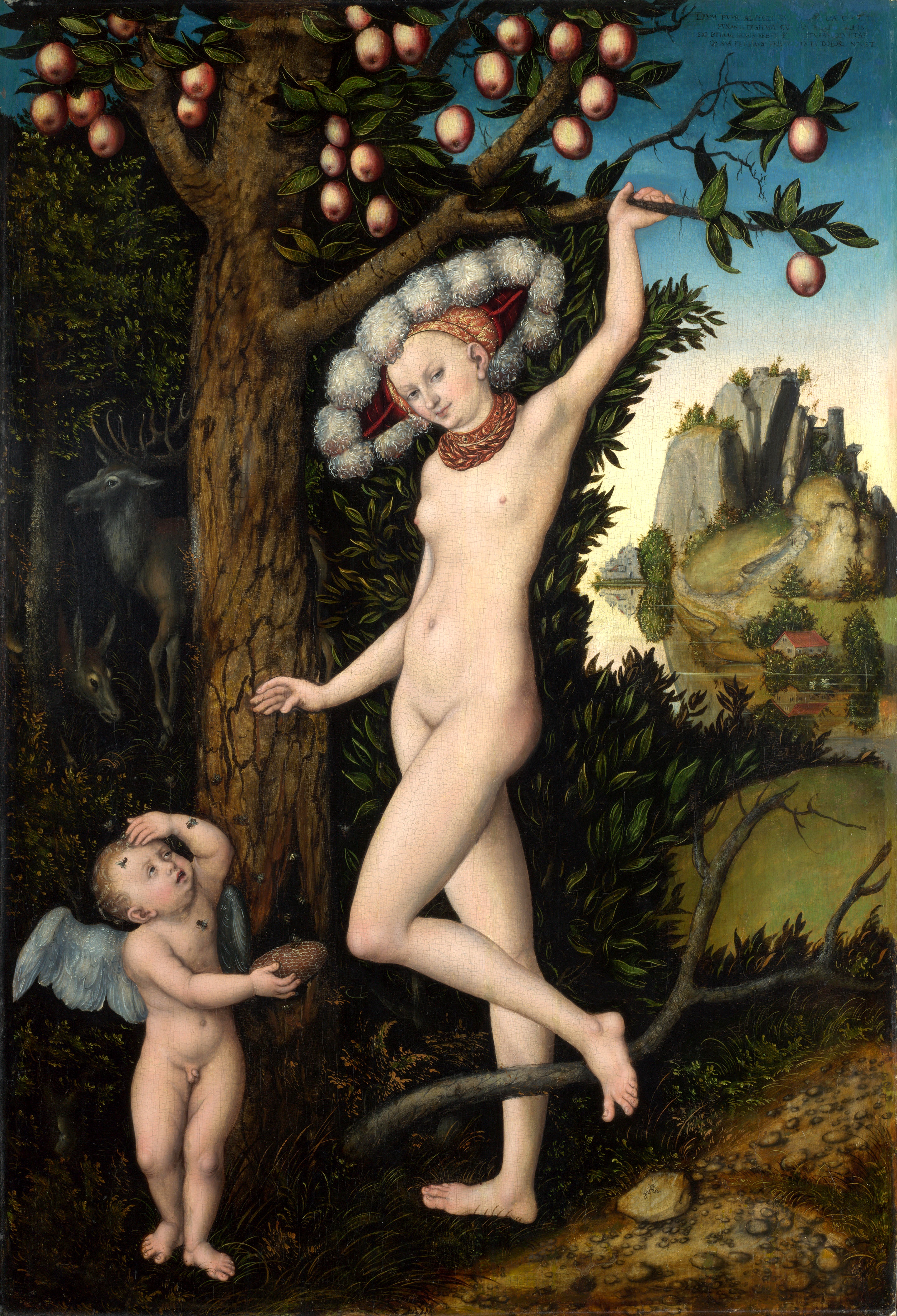 Figure 5: Cupid Complaining to Venus by Lucas Cranach the Elder (c. 1526-1527). The National Gallery, London. Public Domain. Note the similar setting complete with a fruit tree and the similar pose of Venus with her one hand on the tree and her other hand reaching out toward Cupid. These two paintings were completed around the same time.