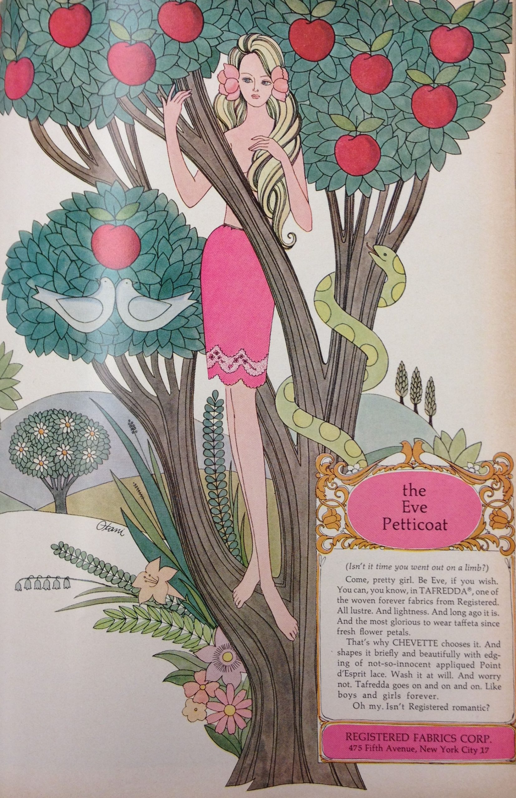 Figure 6: Advertisement for the Eve Petticoat from 1967. While Adam is absent, Eve appears alongside the Tree of Knowledge and the serpent. The language of the advertisement highlights temptation, beauty, and its “not-so-innocent” decoration. 