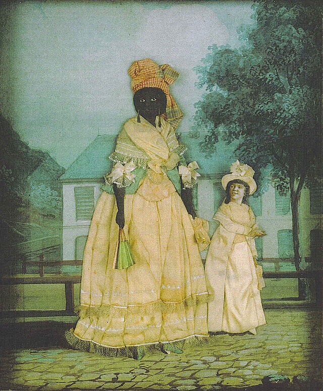 Figure 2. Free woman of color with daughter, late 18th century collage painting, New Orleans. Wikimedia Commons. Public domain.