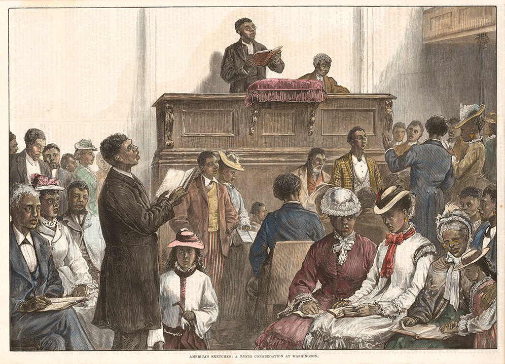 Figure 3. Hand-colored sketch depicting an African American congregation. Published by The Illustrated London News, British, 1845 - 2003, November 18, 1876, ink on paper, wood, glass, 18 5/8 x 22 x 7/8 in. Public Domain. Collection of the Smithsonian National Museum of African American History and Culture, Gift of Joele and Fred Michaud [2013.239.7].