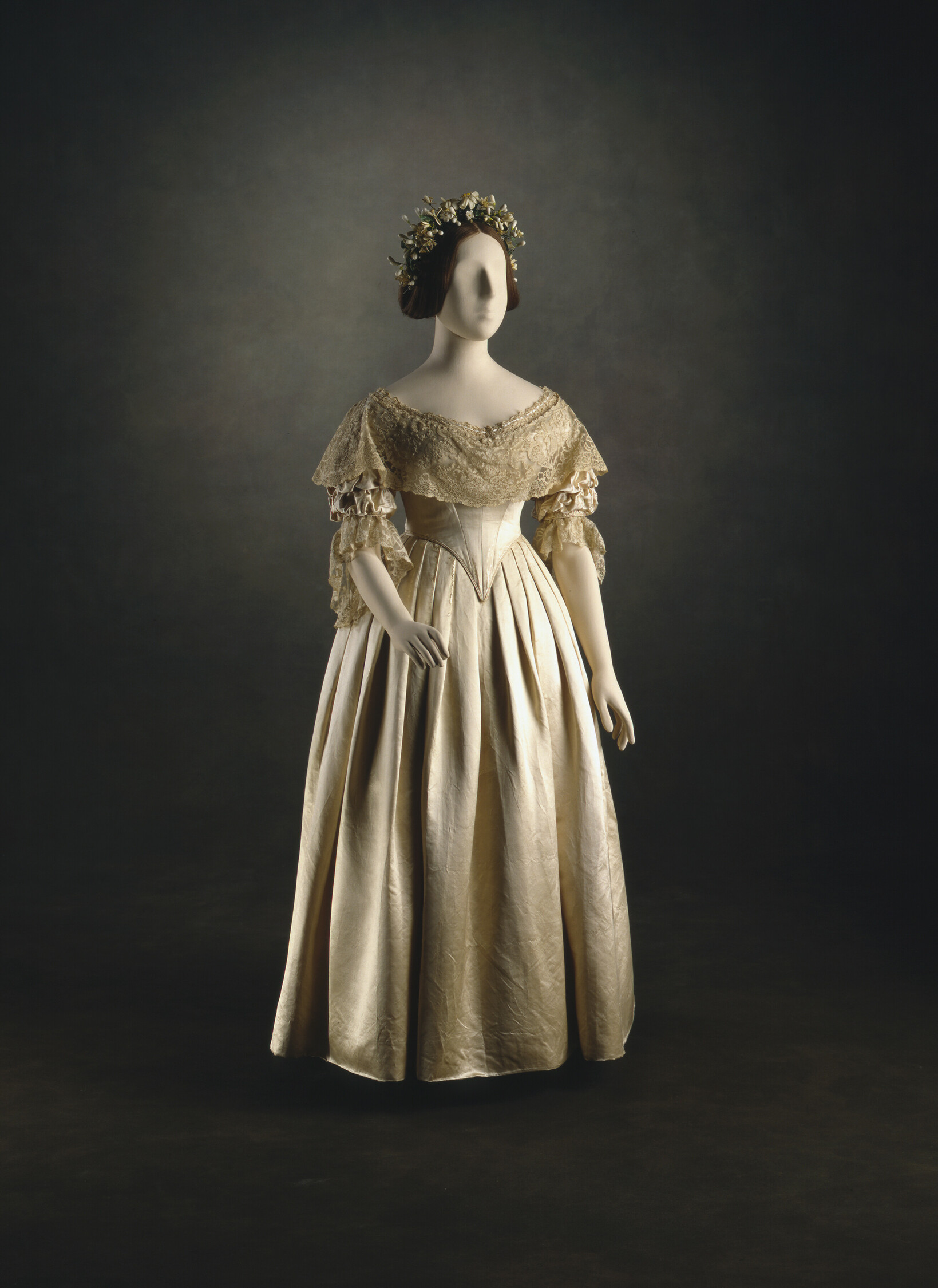 Figure 1: Mary Bettans, Queen Victoria's wedding dress, 1840. Spitalfields silk, honiton lace. The Royal Collection Trust, RCIN 71975. 