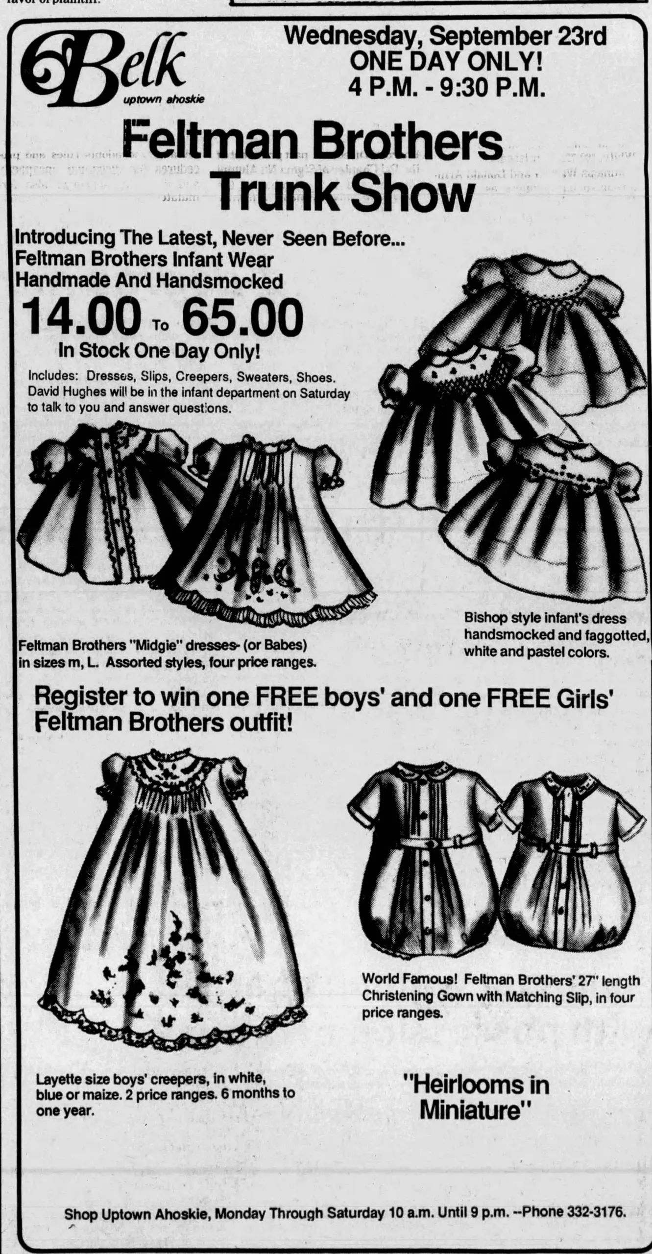 Figure 4: Belk and Feltman Brother’s promotion featuring their “World Famous!” christening gown. Note that the captions for the christening gown and the “boys’ creepers” have been mistakenly switched. Featured in Roanoke-Chowan News-Herald (Ahoskie, NC), 23 September 1987, 2A.