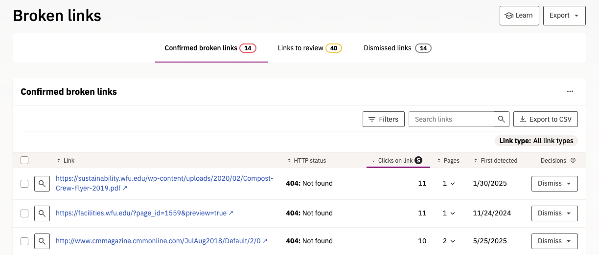 Broken link categories