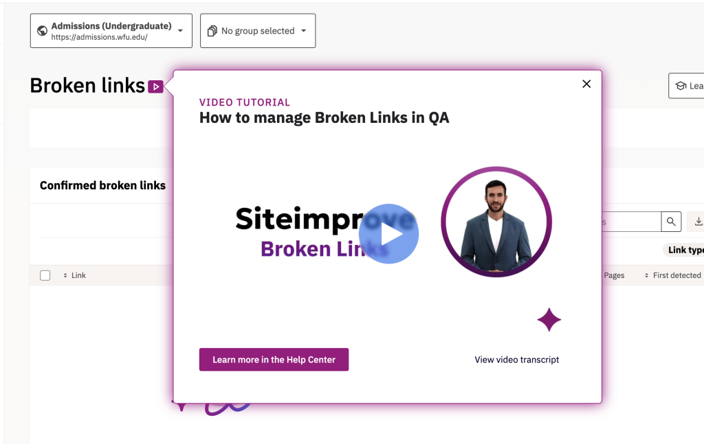 How to manage broken links video tutorial on Siteimprove