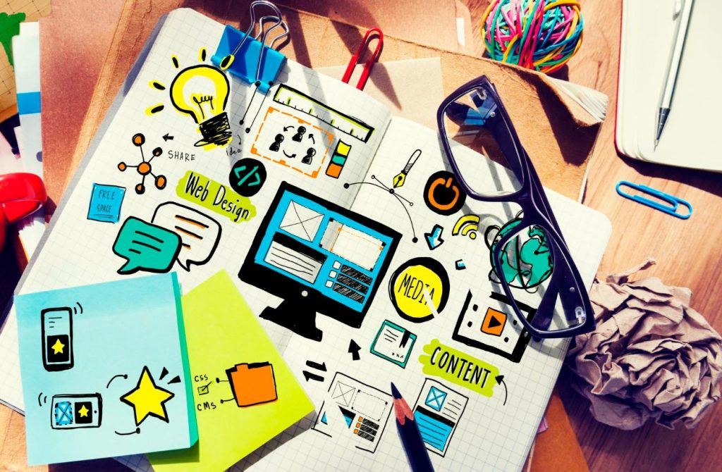 A desk with several content strategy items on it