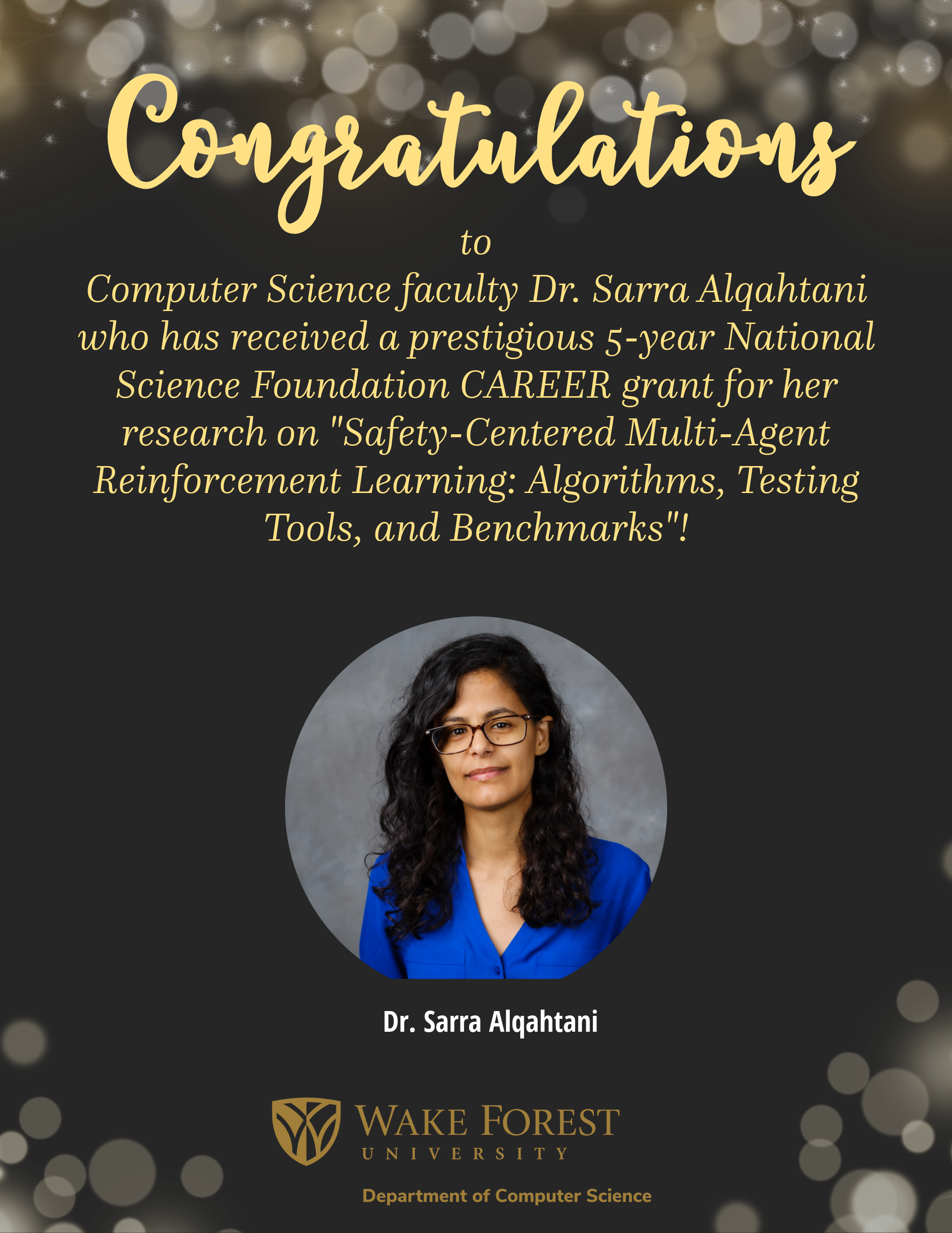 A flyer congratulating Dr. Sarra Alqahtani of her NSF CAREER award!