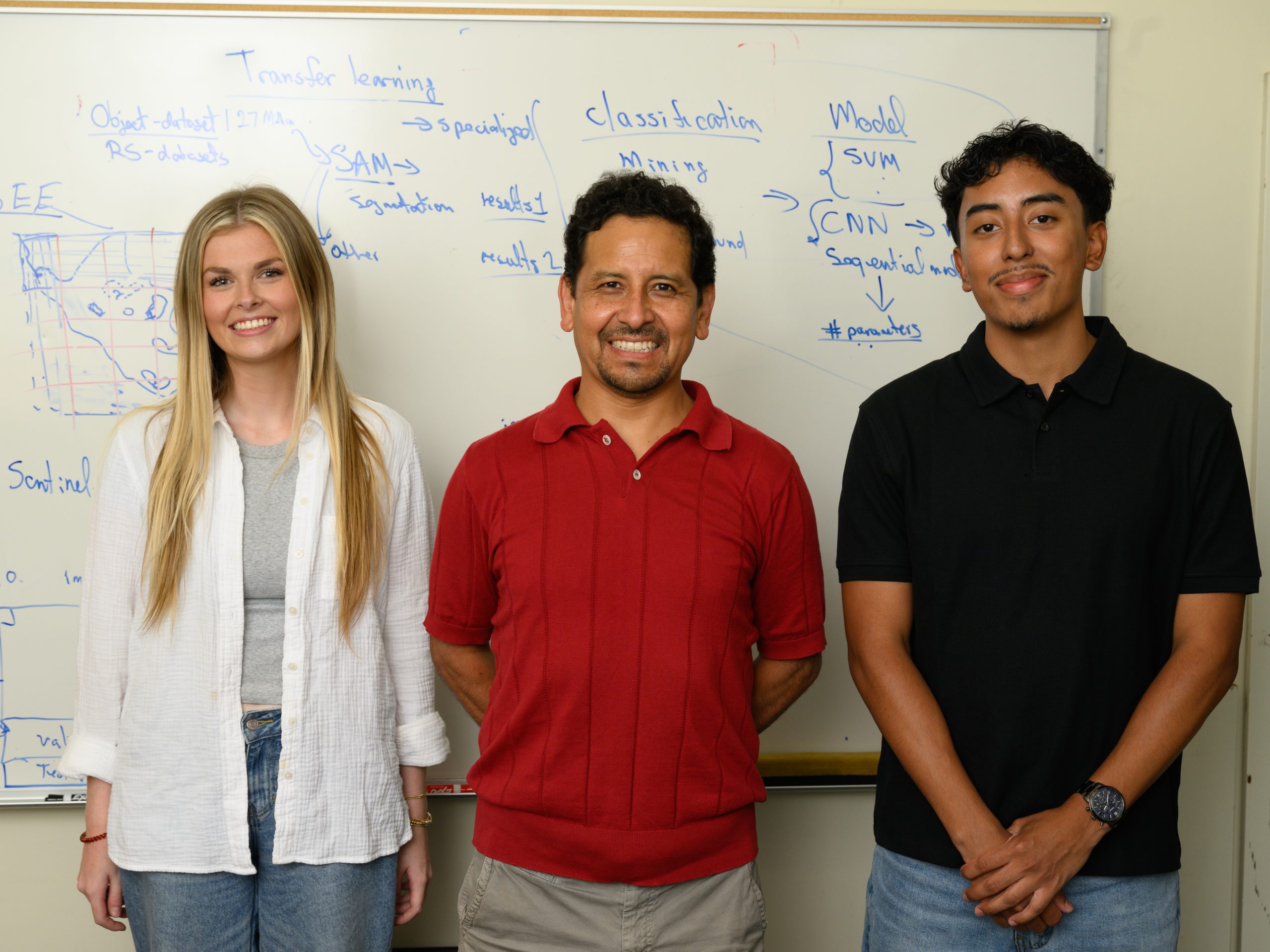 Wake Forest University URECA Scholars Mario Auqui (’25) and Malory Pitts (’26) work with Computer Science Prof. Paúl Pauca to build a model that can detect gold mining sites, especially illegal ones around the world using satellite images. Illegal mining often causes serious harm to local ecosystems, so being able to find and track these areas can be really important for environmental protection. The trio reviewed progress on the project in Prof. Pauca’s office in Manchester Hall on Wednesday, July 30, 2025.    Mallory, Paúl, and Mario pose for a photo together in the office.