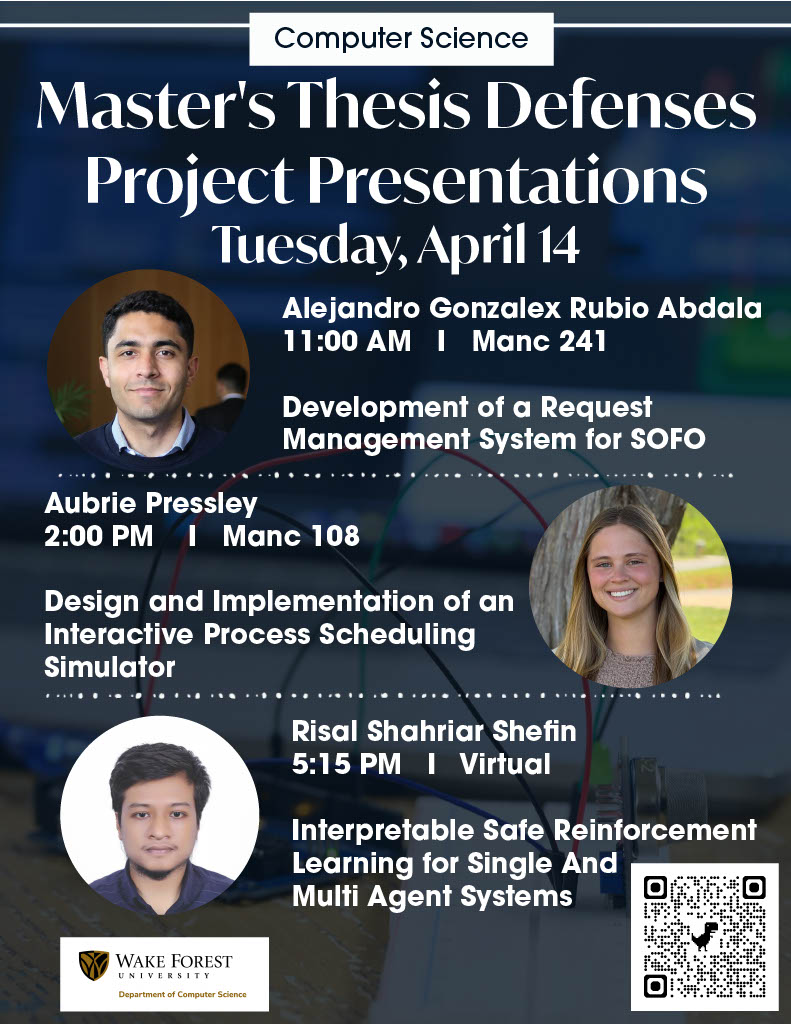 Flyer promoting thesis defenses and project presentations in the week of April 13.