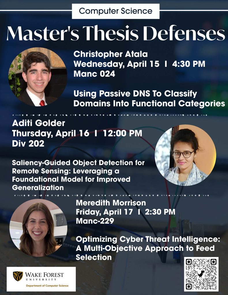 Flyer promoting thesis defenses in the week of April 13
