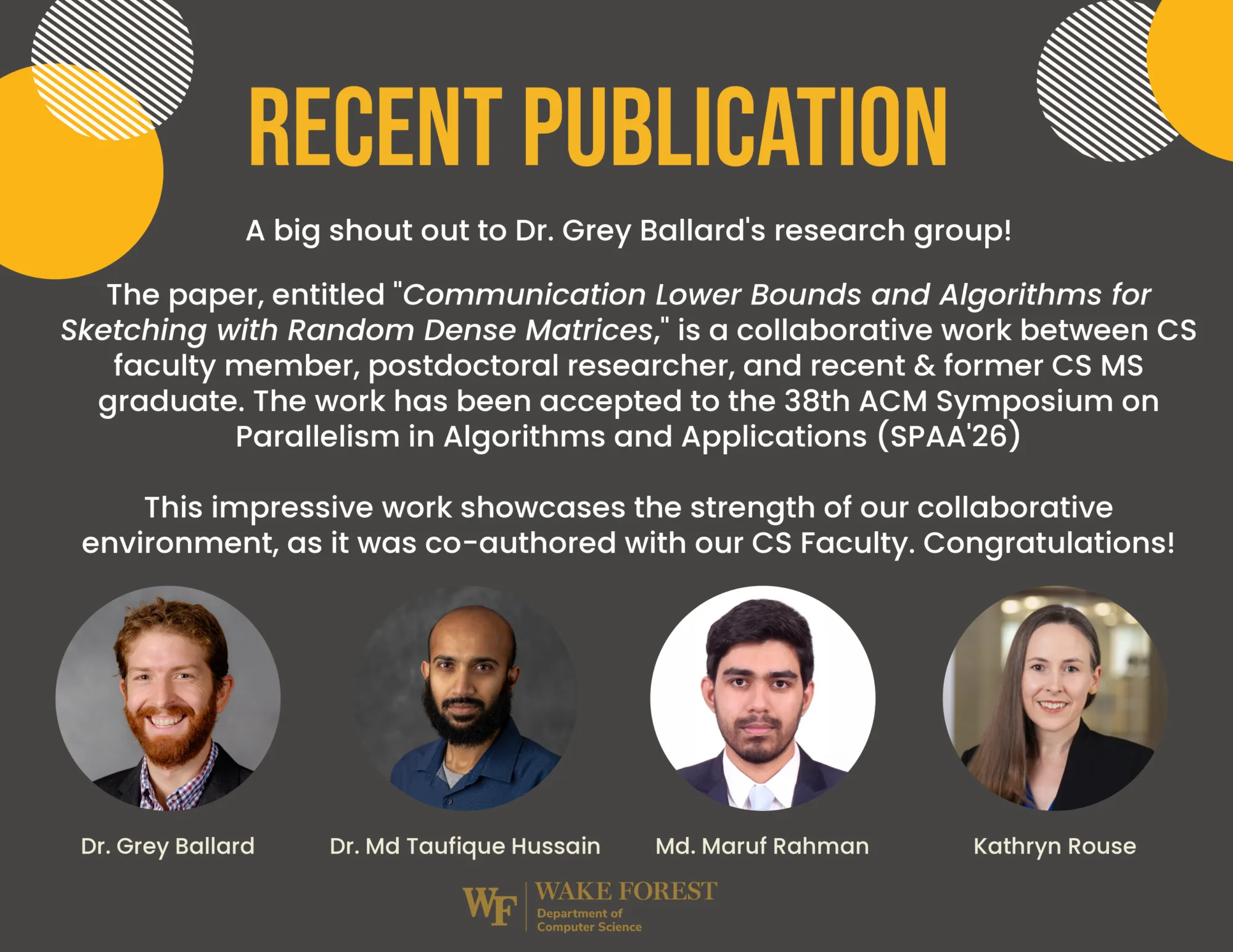 Flyer congratulating department's recent publication.