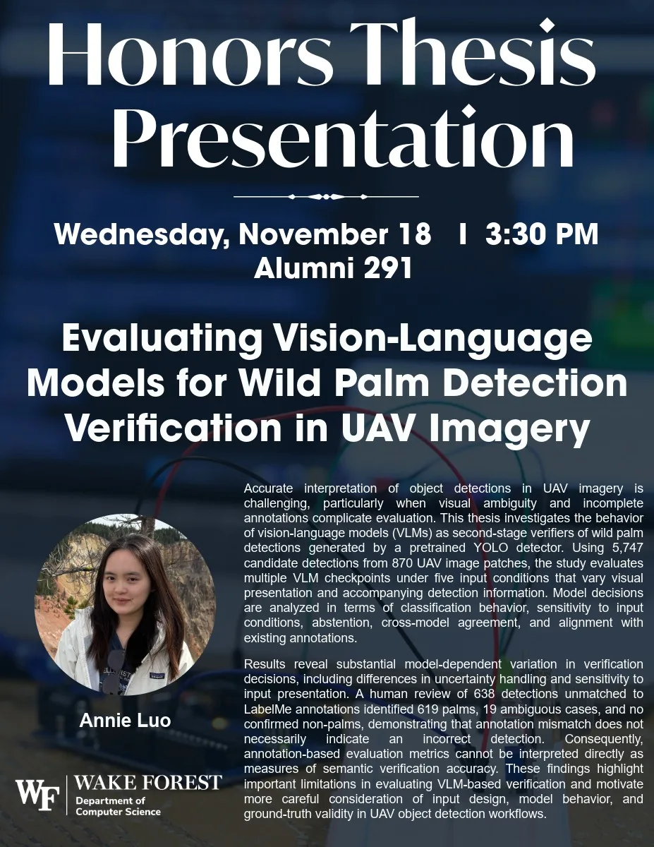 Flyer promoting honors thesis presentation by CS Senior