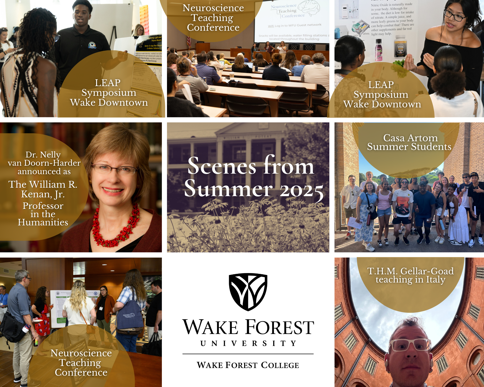 A collage of happenings involving Wake Forest College faculty, students, and staff. Scenes include LEAP students presenting their research at Wake Downtown, attendees at the Neuroscience Teaching Conference, Dr. Van Doorn-Harder announced as the Kenan Professor of the Humanities, and THM Gellar Goad's students studying in Italy.