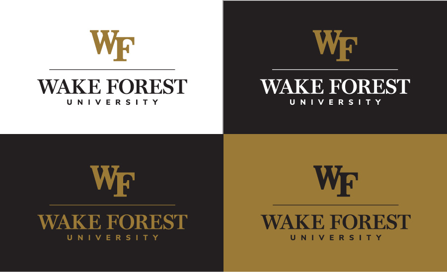 Image showing four versions of the logo: color logo on white, reversed logo on black, one-color gold on black, and one-color black on gold.