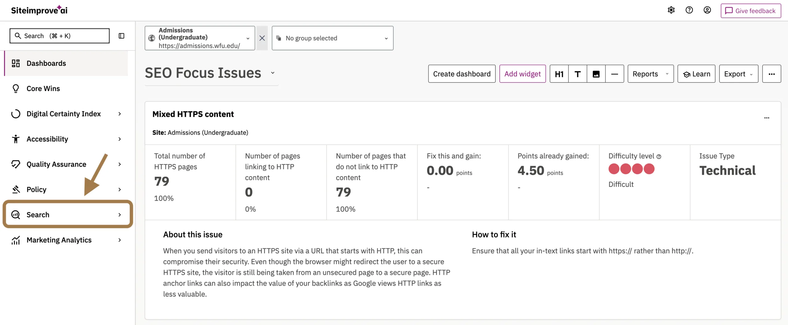 Screenshot that shows where to select Search from Siteimprove's main navigation.