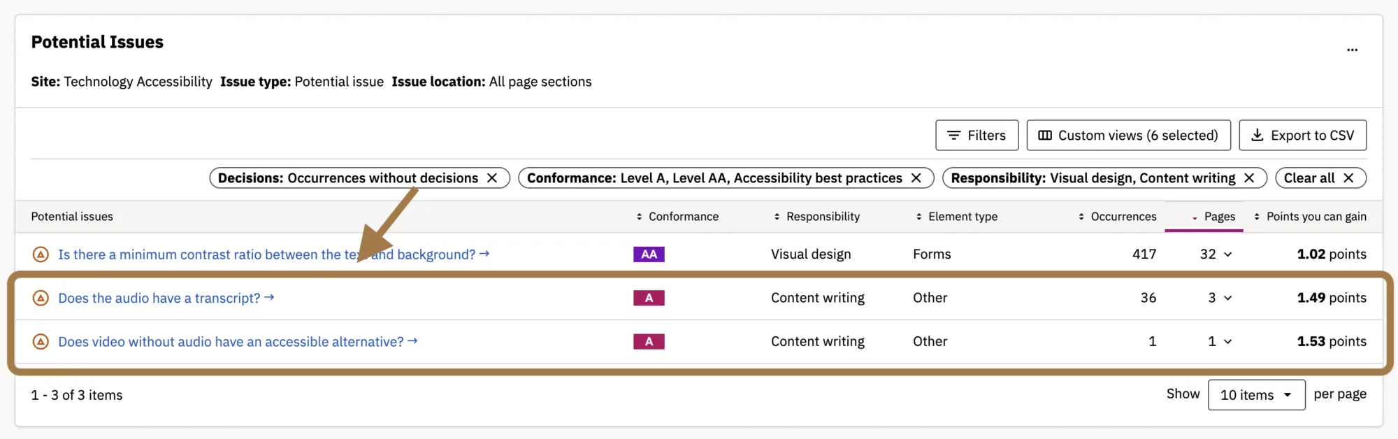 Accessibility Dashboard with captions and transcripts issues