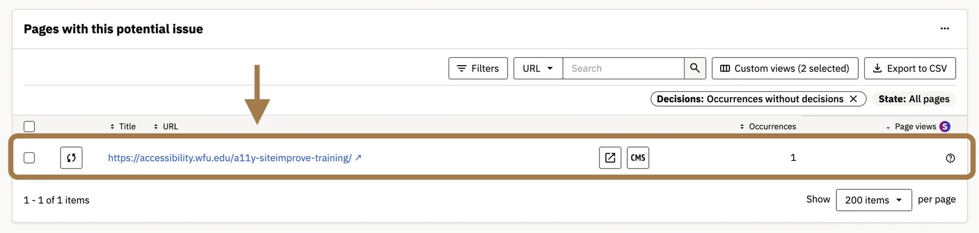 Dashboard that shows the page(s) that a caption or transcript issue appears on.