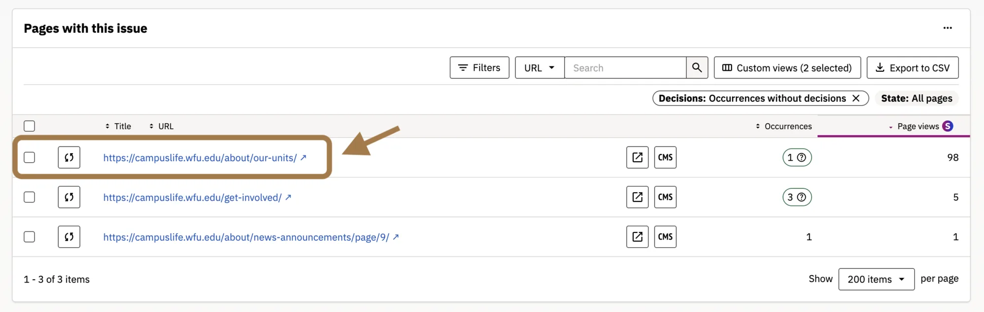 Accessibility report page that lists pages that don't have meaningful links