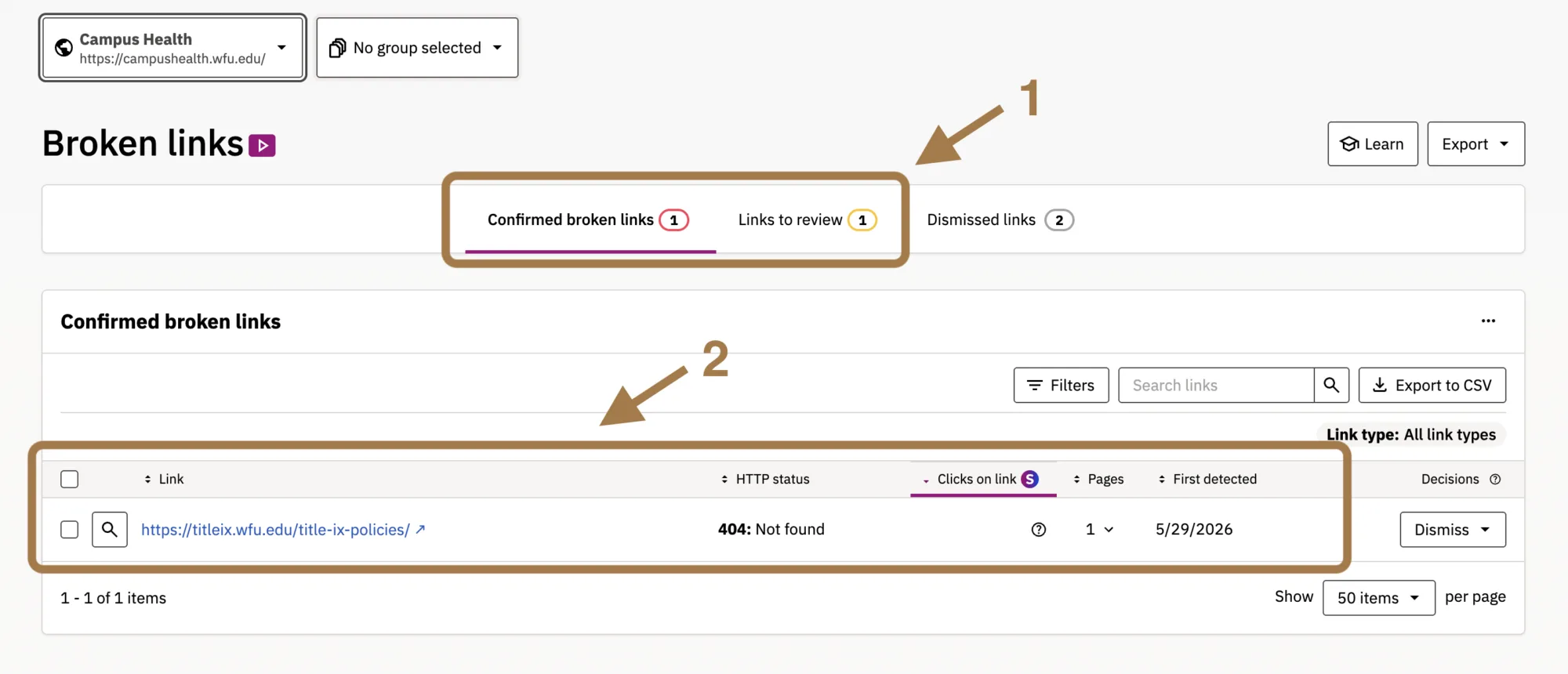 Screenshot that shows where pages that have broken links can be found