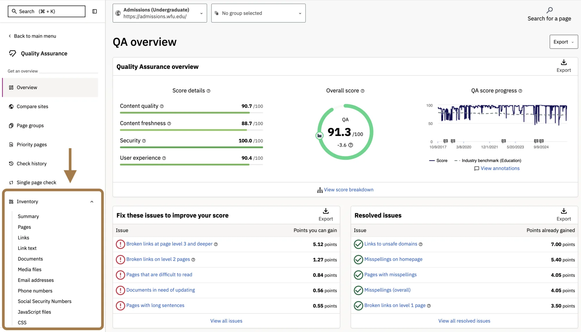Locating the site Inventory section in Siteimrpve